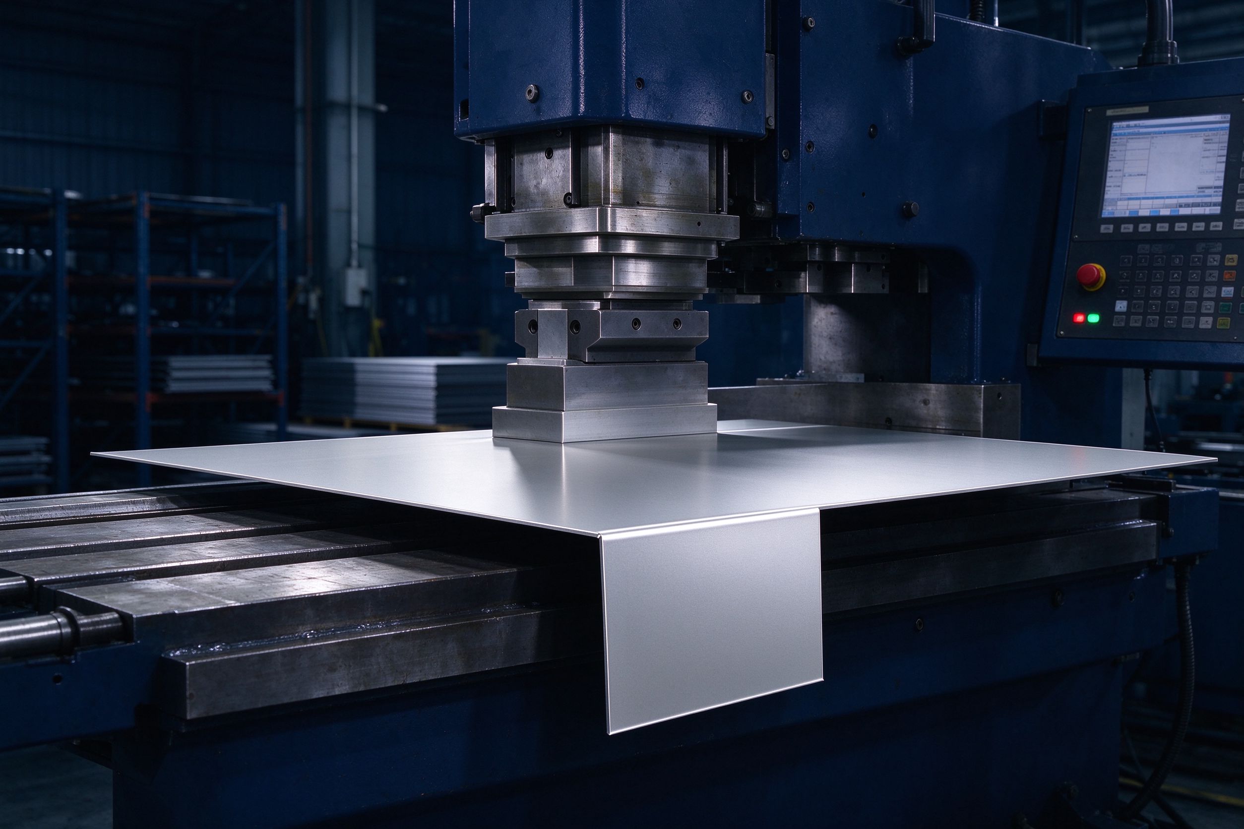 CNC press braking a steel plate to precise angles