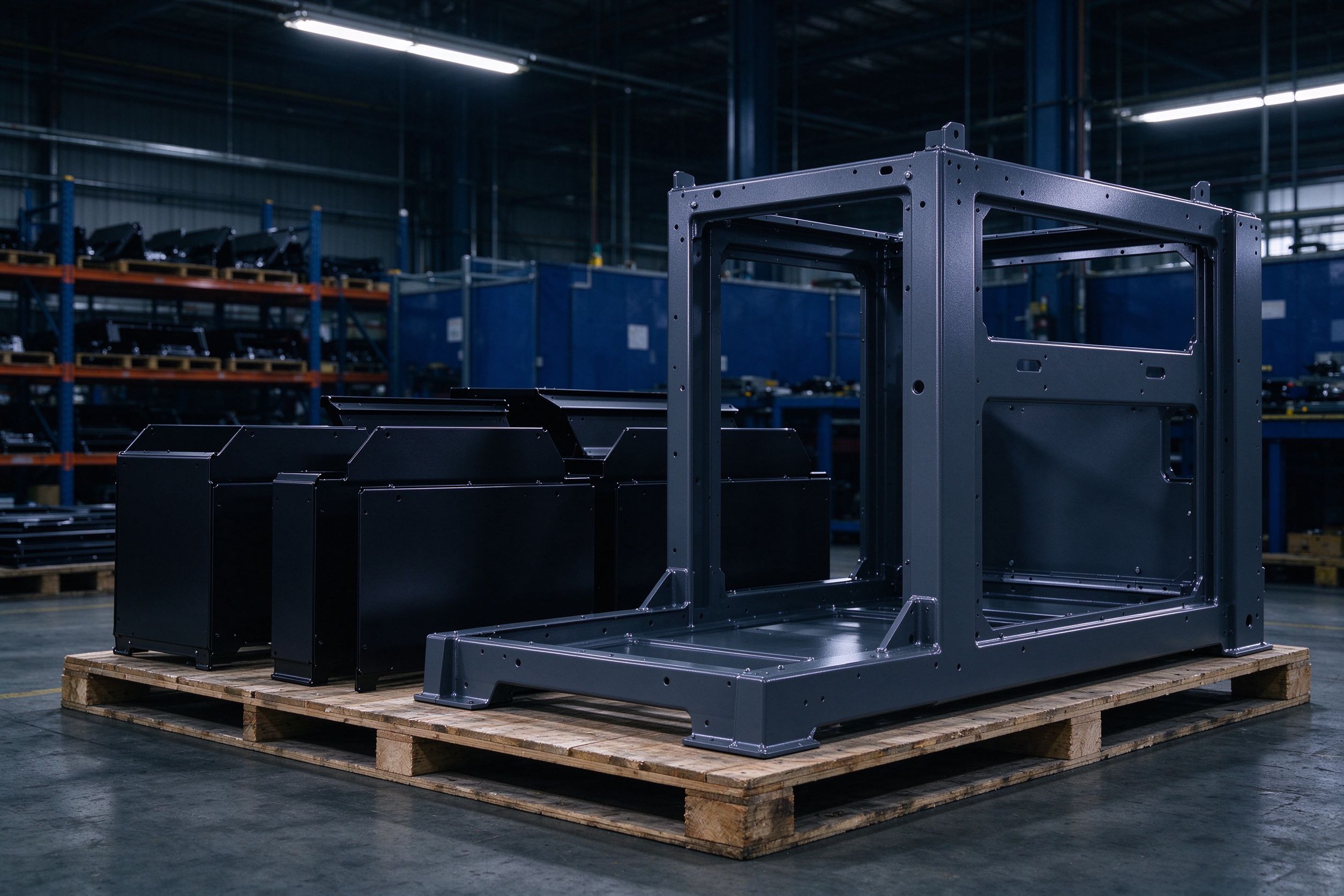 Finished coated fabrications staged for final inspection and packing